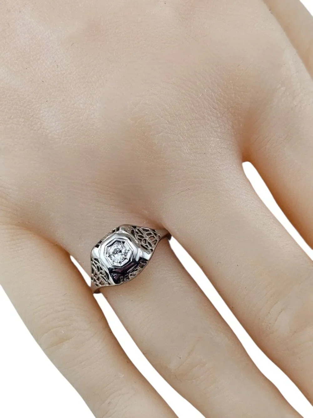 18K White Gold Filigree Diamond Engagement Ring Size 5 #24352